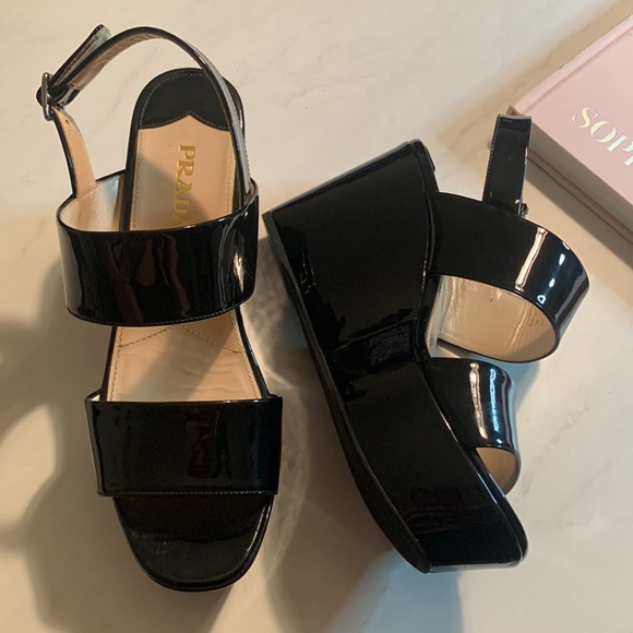 Prada Black Patent Leather Wedges - Picture 1 of 16